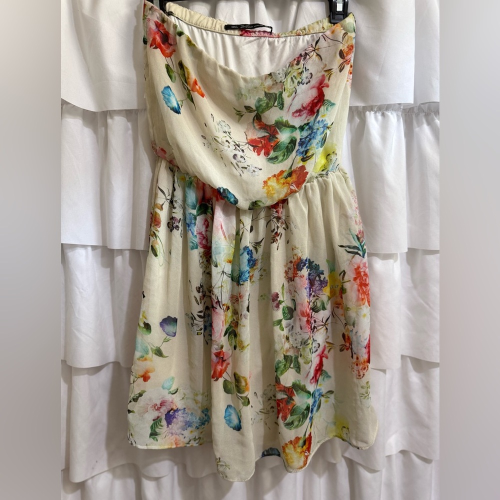 Zara Trafaluc Cream Floral Strapless Sundress with Multicolor Blooms